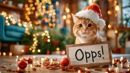 A ginger cat in a Santa hat holds a wooden sign reading "Opps!" while sitting on a festive floor with red ornaments, fairy lights and warm Christmas bokeh in the background.