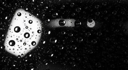 Close-up of water droplets on a dark, reflective surface, with a blurred light source in the background.