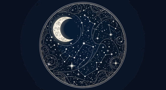 Night sky crescent moon stars outline celestial cosmos