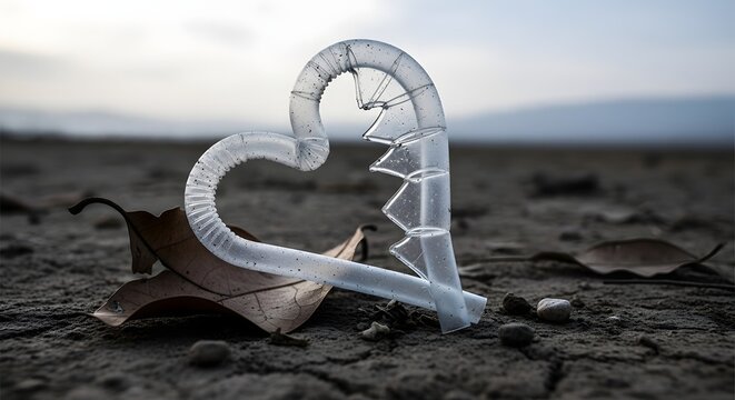 A pair of transparent plastic sunglasses with a heart-shaped frame lying on the ground amidst dry leaves and pebbles in an outdoor setting during daytime