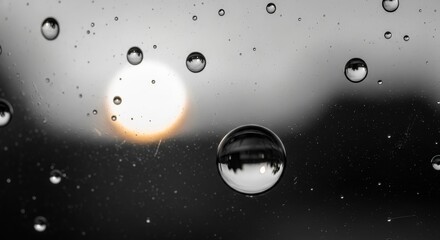 Close-up macro shot of water droplets on a glass surface with a blurred background.