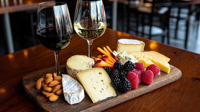 A rustic wooden cheese board with assorted cheeses, fresh fruits, nuts, and a glass of wine