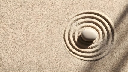 A smooth white stone at the center of concentric circles in a sand garden, a minimalist concept of harmony, balance, and tranquility