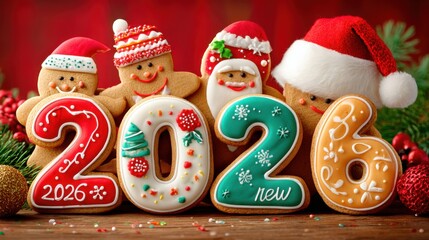 Colorful iced gingerbread cookies shaped as numbers 2026 stand on a wooden table in front of gingerbread people and Santas against a red background, symbolizing the sweet New Year.