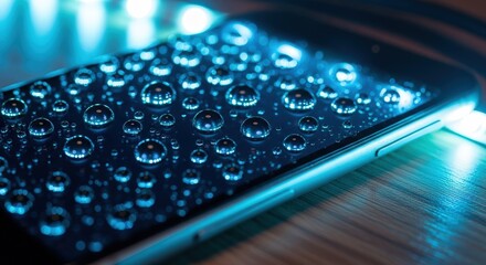 Close-up of a smartphone screen covered in numerous clear water droplets, illuminated by a vibrant blue light.