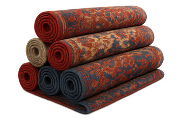 Stacked rolled oriental carpets with intricate patterns, offering decorative textile for home furnishing, transparent background