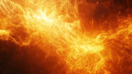 A fiery, swirling cloud of orange and yellow light with a dark, starry background, creating a sense of energy and movement.