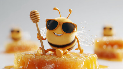 Cool cartoon bee wearing sunglasses sits on honeycombs with a honey dipper, highlighting sweet harvest, playful character design and cheerful natural product concept in a bright clean scene