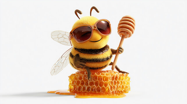 Cheerful cartoon bee stands on honeycomb holding two honey dippers, representing sweet harvest, playful character design and joyful natural food product concept in a bright clean setting