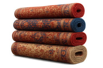 Grouping of rolled carpets with intricate patterns, offering a range of classic textile floor coverings and home decor