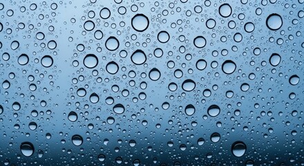 Close-up view of numerous water droplets on a blue, textured surface, creating a pattern of circles.