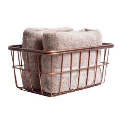 Metal wire basket with a rust-resistant coating, perfect for storing bath towels in a bathroom. [Transparent Background PNG].