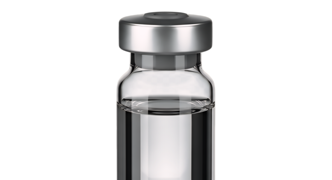 Sterile glass medical vial with clear liquid and silver cap, representing crucial scientific research and development, meticulously isolated on a clean transparent background