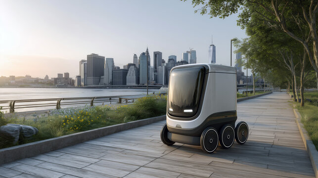 Electric autonomous delivery robot drives beside a waterfront promenade with tall buildings, emphasizing clean mobility, smart logistics and innovative urban technology concept - Powered by Adobe