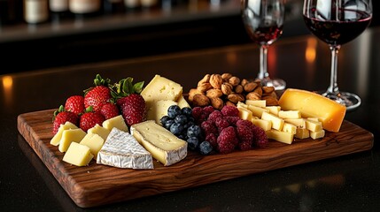 A rustic wooden cheese board with assorted cheeses, fresh fruits, nuts, and a glass of wine