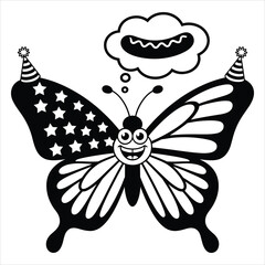 Happy butterfly with party hats, stars, thinking of a hot dog isolated on white background, Vector