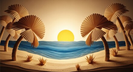 Minimalist Tropical Beach Scene with Paper Palm Trees and Layered Paper Waves for a Summer or Vacation Aesthetic