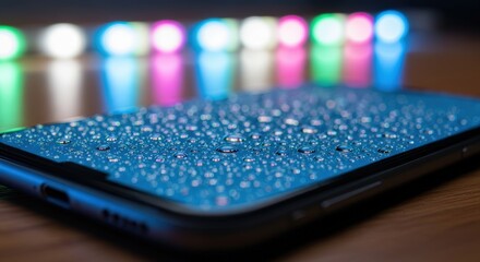 Close-up of a smartphone screen covered in water droplets with colorful bokeh lights in the background.