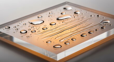 Close-up view of water droplets and streaks on a clear acrylic surface with a wooden frame.
