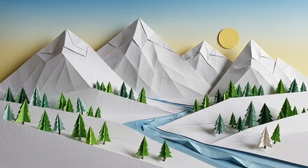 Origami Mountain Landscape with River and Trees: A Paper Crafted Tranquil Scene of Nature's Beauty and Artistic Elegance