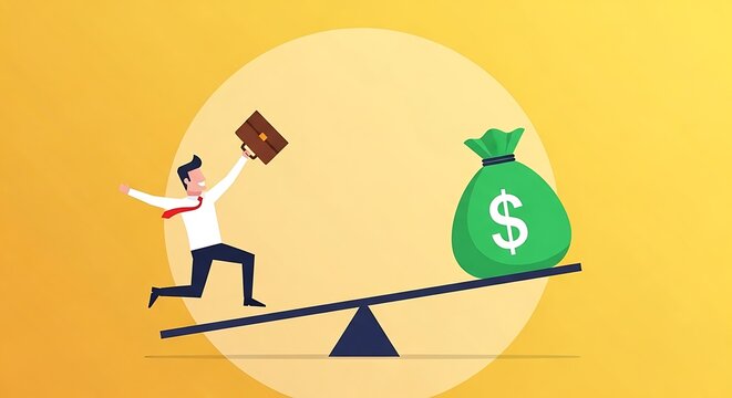 Businessman balancing briefcase with a money bag on a seesaw - Powered by Adobe