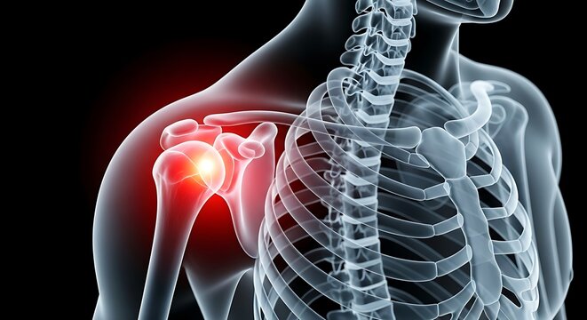Anatomy of the human body showing shoulder pain and skeletal structure