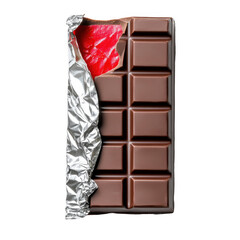 Milk Chocolate Bar Partially Unwrapped With Shiny Silver Wrapper And Bright Red Base On Isolated [Transparent Background PNG].
