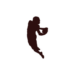 Silhouette of a football player in mid air making a catch during a game on a white background