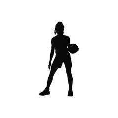 Silhouette of a female basketball player dribbling a ball on a white background