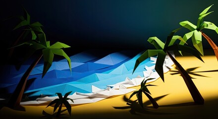 Papercraft Paradise: A Tropical Beach Scene Featuring Origami Palm Trees and Geometric Waves, Evoking Summer Vacation and Creative Artistry, with