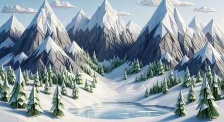 Stylized Low-Poly Mountain Landscape with Snow-Capped Peaks, Evergreen Trees, and a Frozen Lake, Featuring a Minimalist and Geometric Aesthetic Design.