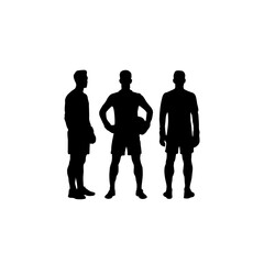 Three silhouetted male athletes standing together against a white background ready for competition