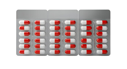 Three blister packs of red and white pharmaceutical capsules, meticulously arranged and presented in high detail, symbolizing medication and health, isolated on a clean background
