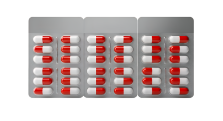 Three blister packs of red and white pharmaceutical capsules, meticulously arranged and presented in high detail, symbolizing medication and health, isolated on a clean background