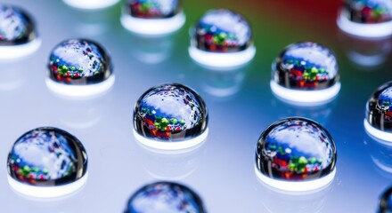 Macro photograph of numerous small water droplets reflecting a colorful, abstract background.