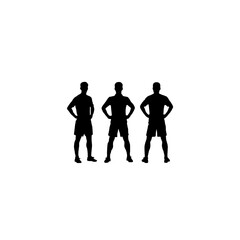 Three athletic male silhouettes standing confidently with hands on hips against a clean white background