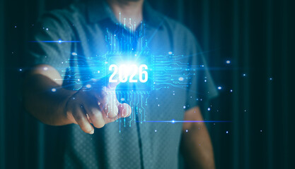 Man Pointing at 2026 &mdash; Future Success and New Year Goal Setting Concept