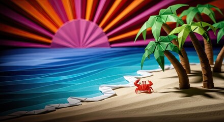 Paper Paradise: A Red Origami Crab's Tropical Adventure with Palm Trees, Ocean Waves, and a Vibrant Sunset in a Handcrafted,