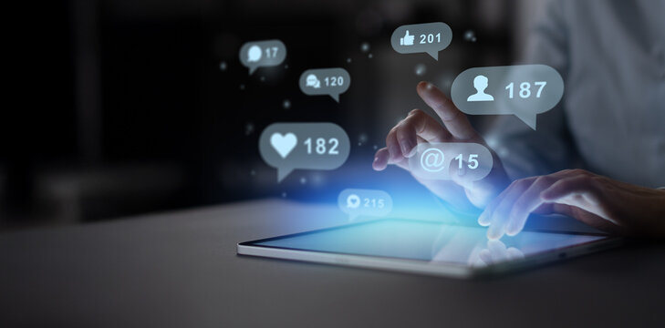 Social Media Interaction and Communication Network Displayed on a Digital Screen.