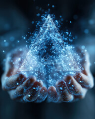 Futuristic hands holding a glowing AI sphere with electric-blue particles and digital aurora, symbolizing innovation and trust