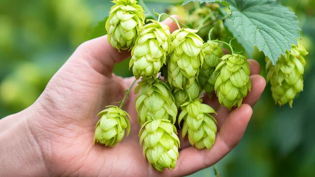 Close-up of fresh hops held in a hand, ready for brewing beer
