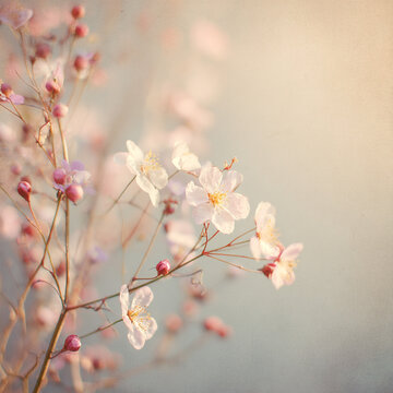 Soft pastel background with delicate flowers, warm sunlight, dreamy French aesthetic, feminine and elegant, vintage texture, vertical format



