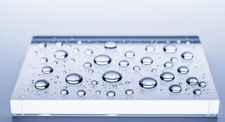 Close-up of numerous water droplets on a clear, transparent rectangular surface.