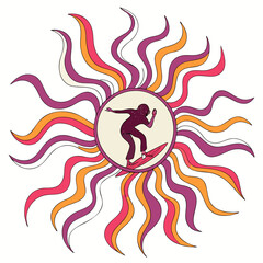 Retro surfer riding a wave in a sunburst design isolated on