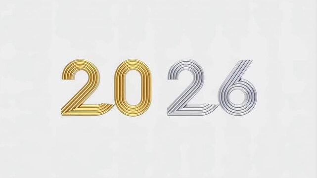 Gold and silver ribbon loops forming &ldquo;2026&rdquo; in a minimal clean style with smooth slow-motion movement. Elegant and modern look. Created with generative AI.