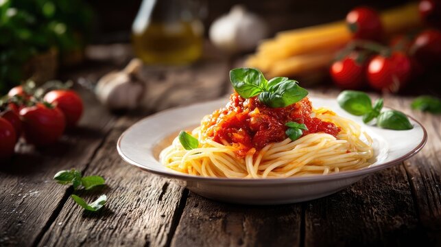 Freshly made pasta served on a rustic wooden table, vibrant tomato sauce and basil leaves adding colo  Generative Ai