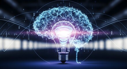 Conceptual digital brain with illuminated light bulb idea technology