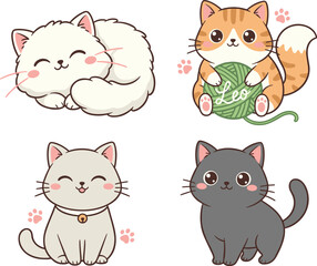 Set of Cute Kawaii Kitten Cat Characters and Yarn Ball Vector Illustration