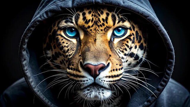 Mysterious Leopard in Hoodie with Piercing Blue Eyes Staring Intensely.