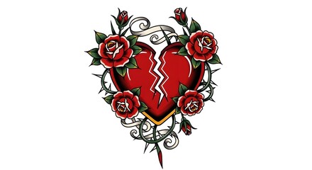 Broken Heart and Roses Tattoo Illustration